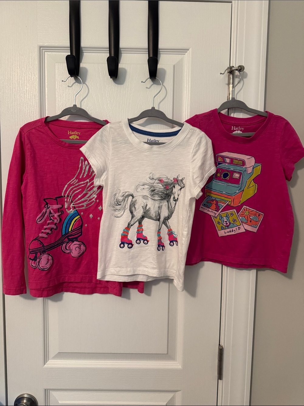 Hatley Girls Tee Trio -Size 6- Hot Pink & White Roller Skate & Unicorn Graphics